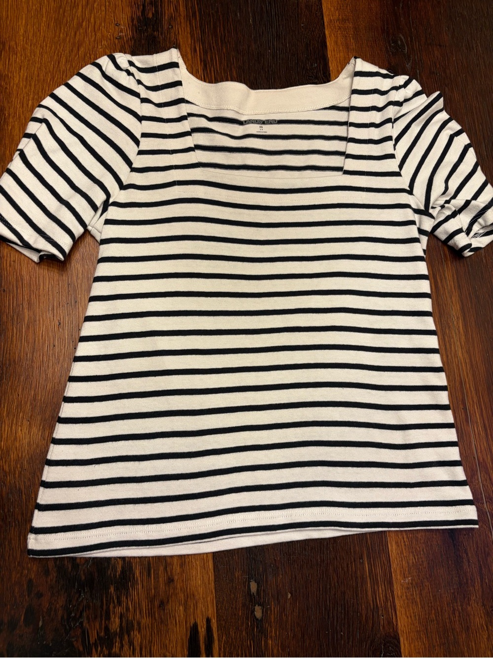 Lands' End XS Square Neck Poof Sleeve Black & White Striped Square-Neck Top